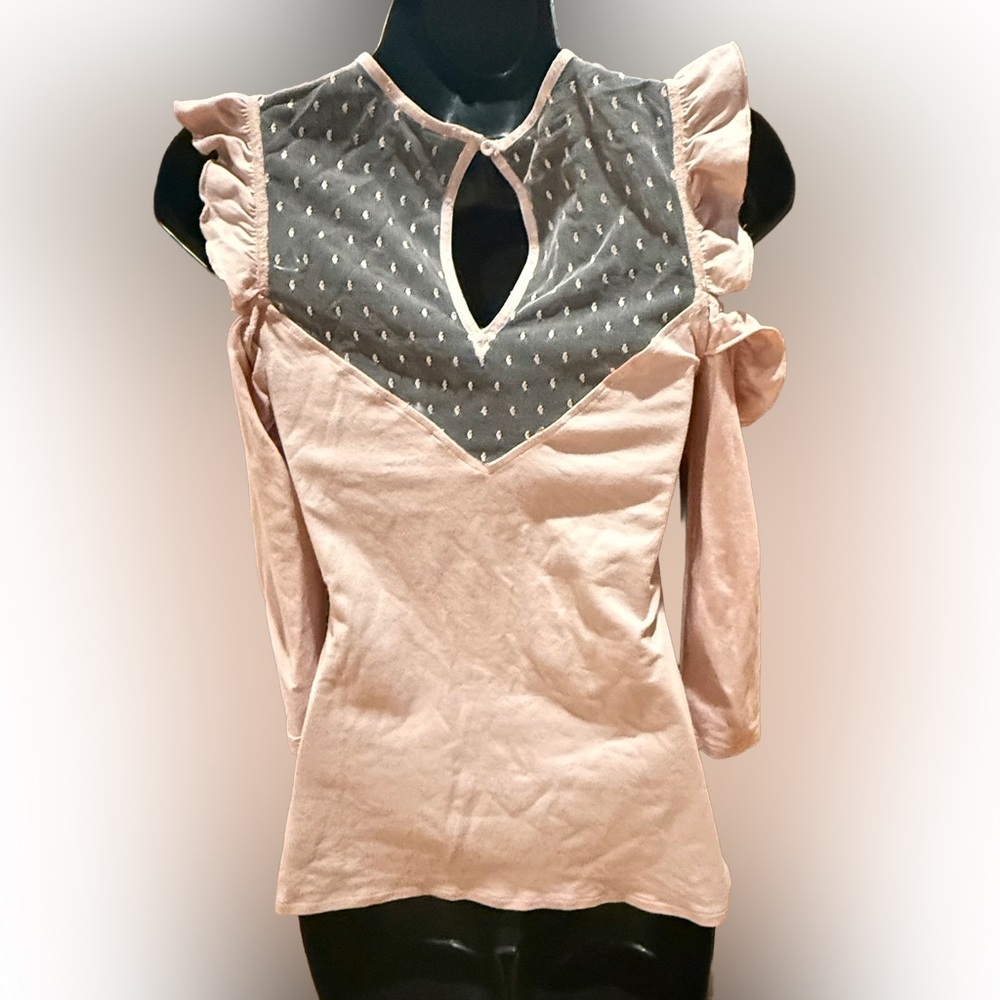 Express Blush Ruffle Mesh Top/Blouse - Picture 2 of 6